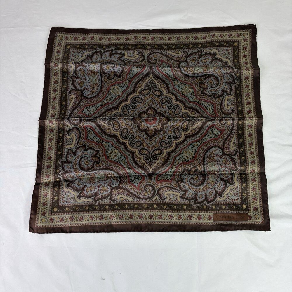 Vintage Christian Dior Brown Paisley Print Square Scarf/Handkerchief, All Silk